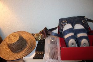 lot 303 image: David BrownBlack hat, Leather belts, FITFLOP navy blue shoes, Tignanello Navy Blue Leather Purse