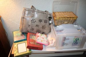 lot 302 image: Greeting cards, small lidded basket, and American West Leather Purse in Taupe