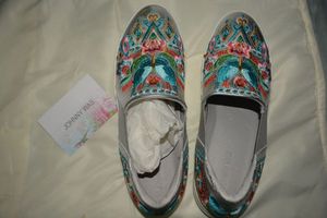 lot 84 image: Johnny Was Floral and Silver Leather Embroidered Slip on shoes size 10.5 - Look New Never Worn