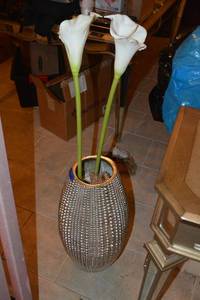 lot 19 image: Z Gallerie Floor Vase with beaded design and artificial Calla Lilies