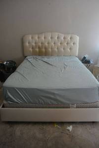 lot 28 image: Queen size Avocado Mattress, 9 box spring with Bed Frame and headboard   (not bedding)