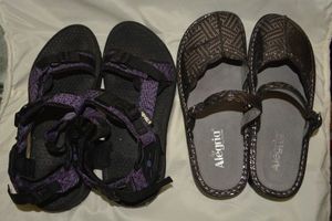 lot 38 image: Womens sandals size 10 Alegria Black and Silver Metallic Shoe size 41 EU, and Teva purple buckle sandal