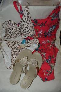 lot 40 image: Swimsuits and Bandolino sandals size 9.5. Johnny Was 2-piece swimsuit size M still has tags. Johnny Was Red 1-piece size L.