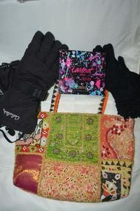 lot 42 image: Tarteist pro REMIX clay palette makeup, Cabelas black winter gloves, black knit gloves, and Beaded Christiana silk purse