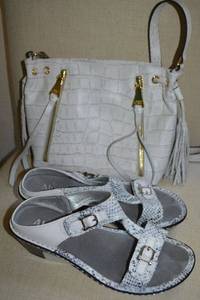 lot 48 image: Alegria White snake print wedge sandal EU size 40 and Aimee Kestenberg White purse