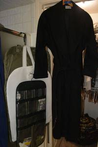 lot 57 image: Ashley Scott black wool long coat, garment bags and hanging travel organizer