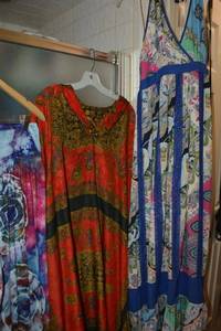 lot 58 image: Boston Proper Printed Halter Dress size 10 still with tags, SANTE kaftan dress, and tie dye pants