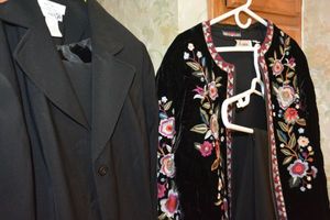 lot 59 image: East 5th Black 2-piece suit size 16, and Johnny Was black jacket with floral print  size L with blouse and skirt.