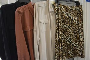 lot 60 image: 3 Linea Button down Dresses (3 colors - brown, tan, black) plus Sao Paulo leopard print silk skirt size 10