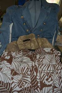 lot 64 image: Boston Proper Clothes size L Brown linen shirt, Metallic gold linen shirt,  Linen Wide-leg Pant Flax, Blue denim double button jacket