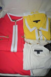 lot 65 image: Boston Proper Clothes size L White strap dress, Yellow sleeveless dress, Red sleeveless top and pant set
