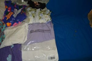 lot 66 image: Boston Proper Clothes size L Blue dress, Greenwhiteblue flower jacket, Lavender blouse, white linen pants and more, see photos.