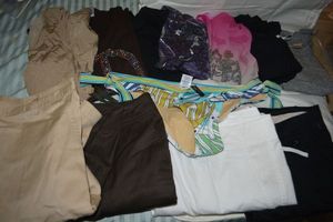 lot 69 image: Saks 5th Avenue shorts size 10 in white, tan and brown, plus tank tops and shirts