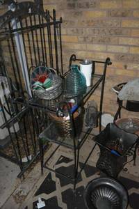 lot 457 image: Wrought iron cart with glass shelves and baskets