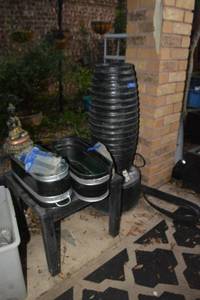 lot 464 image: Bubbling fountain, Buddha statue, small garden table and metal tubs