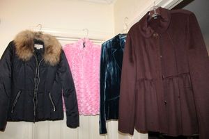 lot 369 image: Womens jackets DKNY  brown button down wool jacket, Caslon Blue velvet jacket size 14, Cejon Pink faux fur zipper vest, and Michael Kors  down feather jacket with raccoon fur trim