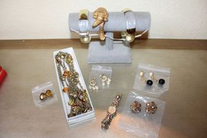 lot 375 image: Gold tone jewelry Alligator wrap bracelet, Goldclear cuff bracelets, Beaded earrings, womens watch, opera length chain necklace with multitone beads