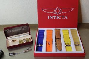 lot 376 image: Jewelry Invicta watch band set, Mens tie clip and money clip with G monogram, and KHM stick pin