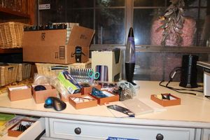 lot 471 image: Office supplies Power outlet tower, Franklin Covey Leather organizer, lava lamp, Computer mouses, D size batteries, magnifying glass, markers, screen protectors and more