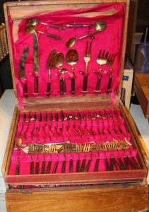 lot 477 image: SIAM Bronze and wood handle Silverware set with storage box