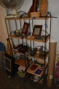 lot 356 image: Wicker and iron shelf unit only