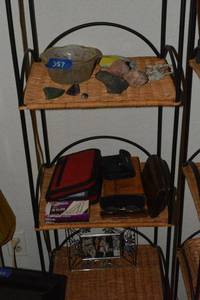 lot 357 image: Crystal stones, Leather wallets, reading glasses, Beaded metal photo frame