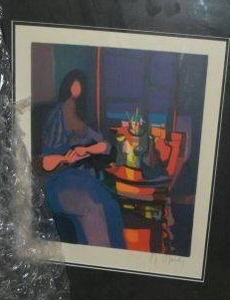 lot 360 image: Wall art Marcel Moulys Untitled (Still Life with Seated Woman) Signed  lithograph 182390. 17.5x20 Print