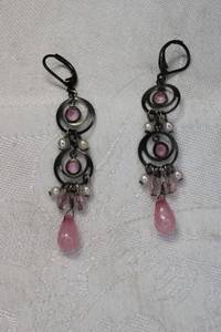 lot 62 image: Rose Quartz and freshwater pearl dangle lever back post earrings in antiqued finish.