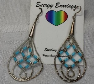 lot 65 image: Sterling Silver Energy Earrings by Happy Heart Enterprises. Marked sterling on cones. 2.75L on card
