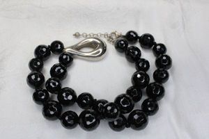 lot 74 image: Signed J & T faceted Black Onyx bead necklace with sterling pendant and clasp. Marked 925 J & T.16L with 2 extender.