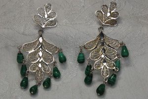 lot 79 image: Sterling Silver and Malachite dangle gemstone Silesian wire work post earrings. 2.5L Marked 925