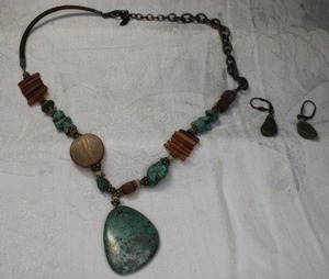 lot 89 image: Signed Barse Sterling Silver Turquoise and Carnelian necklace and lever back earring set. Marked 925. Has Barse hang tag. 18L Earrings marked 925.
