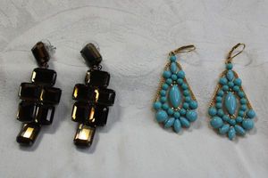 lot 93 image: (2) Joan Rivers earrings. Lever back faux Turquoise chandelier and post articulated geometric. Both marked Joan Rivers. 2.50L and 2.75L