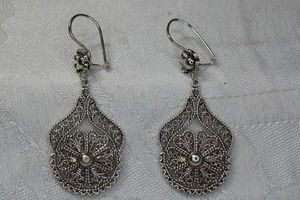 lot 100 image: Sterling Silver ear wire filigree earrings. Marked DGS Turkey 925. 2L