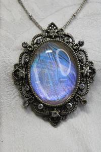 lot 116 image: Blue Morpho butterfly wing crystal pendant on 28L necklace. Pendant 2.5L