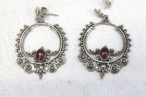 lot 173 image: Sterling Silver beaded and Amber cabochon post earrings. Marked 925. 1.75L