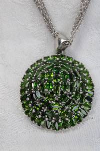 lot 130 image: Sterling Silver double strand necklace with pave set Chrome Diopside gemstone convex pendant (marked 925). Toggle clasp. 18L Matches Lot 131