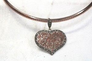 lot 141 image: Signed MARC (Swarovski marcasite, Thailand) Sterling Silver flexible snake 18L necklace (Marked 925) with marcasite Swarovski crystal decorated filigree heart pendant (Marked MARC 925).