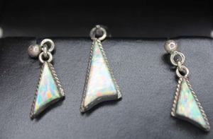 lot 200 image: Sterling Silver Opal pendant necklace with matching post dangle earrings. Marked RS Sterling. In box