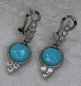 lot 210 image: Signed Judith Ripka Sterling Silver faux Turquoise and CZ drop post earrings. Marked 925 Judith Ripka on back. 1L