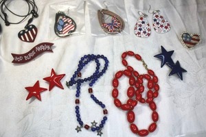 lot 260 image: Fourth of July jewelry Wood earrings, enamel earrings, and more