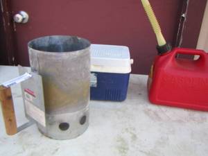 lot 118 image: small Rubbermaid cooler- gas cans and grill starter fluid