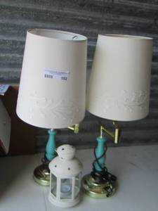 lot 152 image: Turquoise table lamps with shades  QTY 2