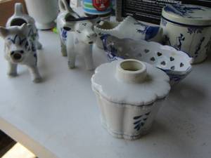 lot 33 image: DELFT Blue Cow Creamers qty 2-    Tin can- Blue bowl with heart design- shoe spoon rest