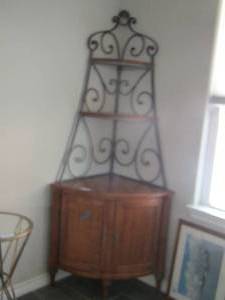 lot 15 image: CORNER CABINET BOWED FRONT  W 2 DOORS & WIRE FRAME 2 SHELVES  APPROX  5 FT HEIGHT - FRENCH INSPIRED