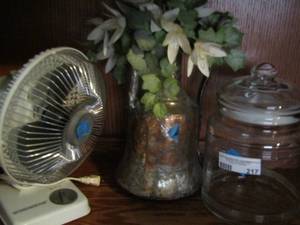 lot 217 image: covered jar- small table fan- metal vase