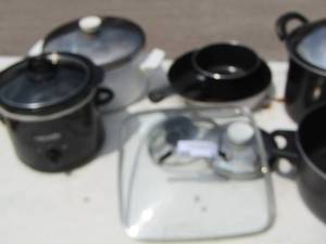 lot 39 image: mini crock pot, various pots, and lids
