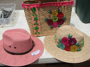lot 45 image: pink womens sun hat, wicker floral sun hat with matching purse