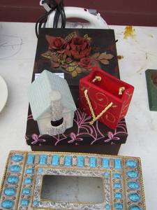 lot 74 image: turquoise tissue box cover, covered wooden box, ironing board, and more