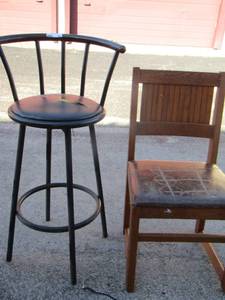 lot 103 image: brown kitchen chair wooden - black swivel bar stool, has interior damage